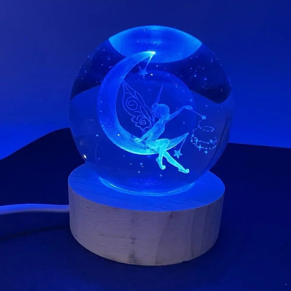 Lighted Tinkerbell Moon Fairy Glass Orb Ball Paperweight Night Light 2.5